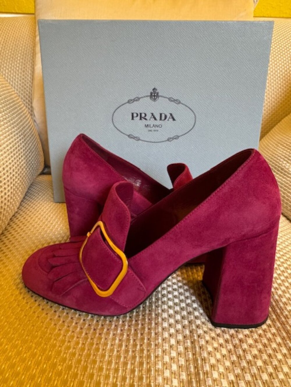 Prada Fuchsia Suede Kiltie Fringe Block Heel Loafer Pumps, size 7 - Picture 7 of 8